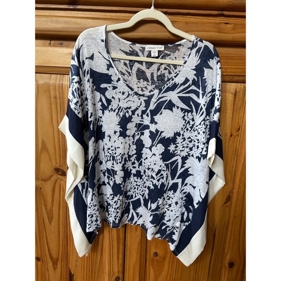 Coldwater Creek Tops - Coldwater Creek Womens Navy Blue White Floral Linen Knit V-Neck Poncho Top M